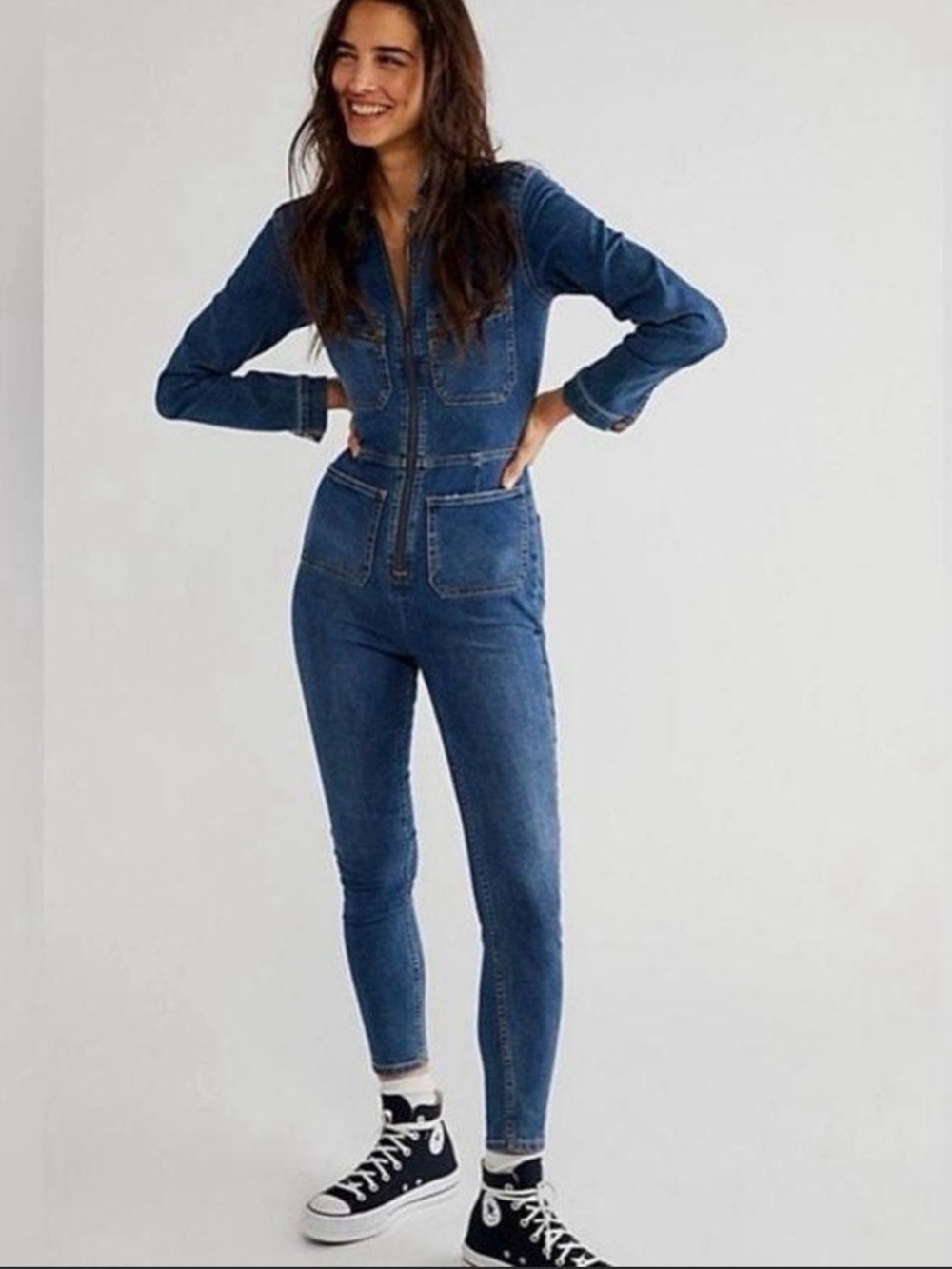 Free People Dark Blue Denim Zip-Front Women’s Overalls